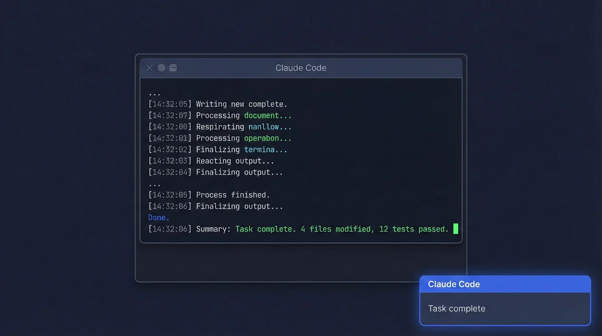 Dark-themed "Claude Code" terminal output displaying process log with task completion summary: 4 files modified, 12 tests passed.
