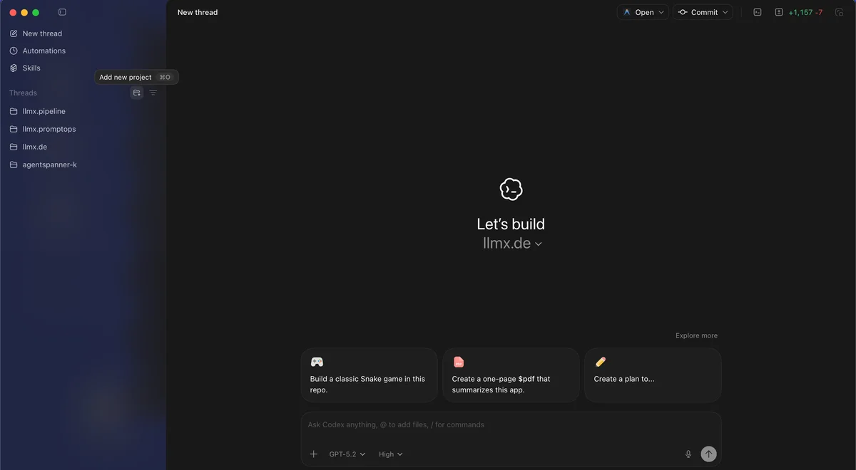 Screenshot of an AI-powered code assistant UI. Features Codex input, GPT-5.2 model, project threads, and suggested coding tasks.