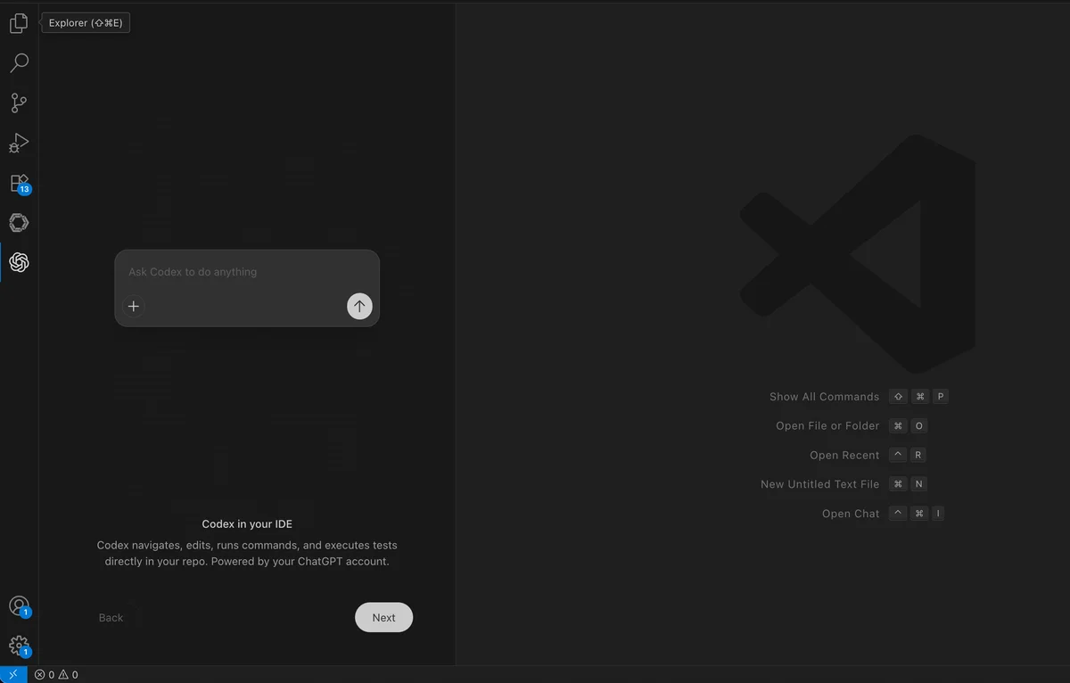 VS Code onboarding screen for Codex AI assistant, showing an input prompt to 'Ask Codex to do anything' and a feature description.