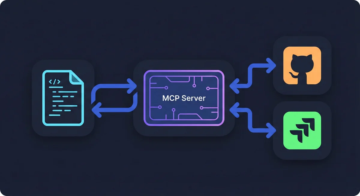 Workflow diagram showing code processed by an MCP Server, integrated with GitHub and GitLab for version control and CI/CD operations.