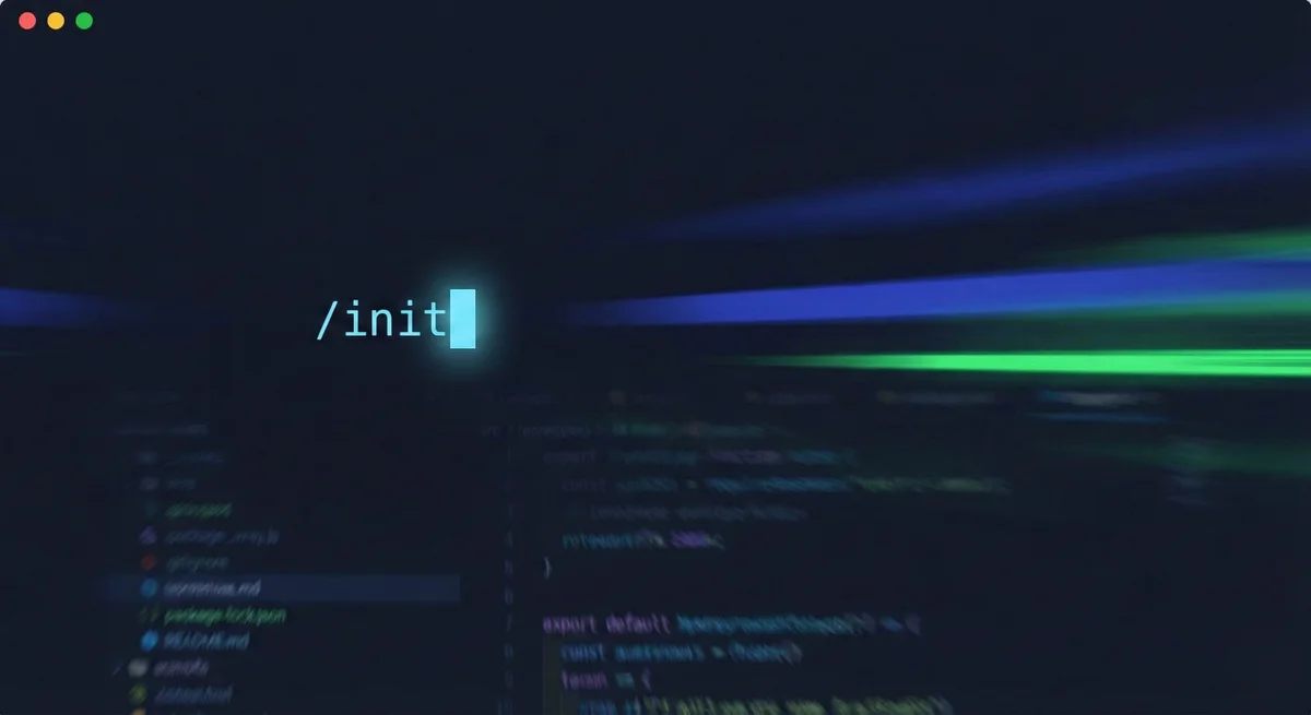 VS Code integrated terminal displaying an '/init' command, with a file explorer and blurred JavaScript code in the background.