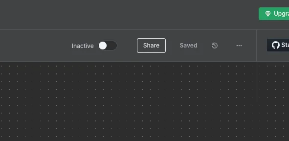 Screenshot of a dark-mode UI action bar showing 'Inactive' toggle, highlighted 'Share' button, 'Saved' status, and 'Star' button with GitHub logo.