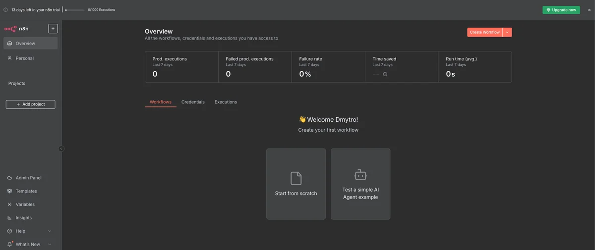 n8n workflow automation platform overview dashboard displaying execution metrics and options to create new workflows.
