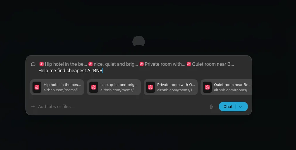 AI assistant UI displaying a user query 'Help me find cheapest AirBNB', with suggested links and clickable Airbnb result cards.