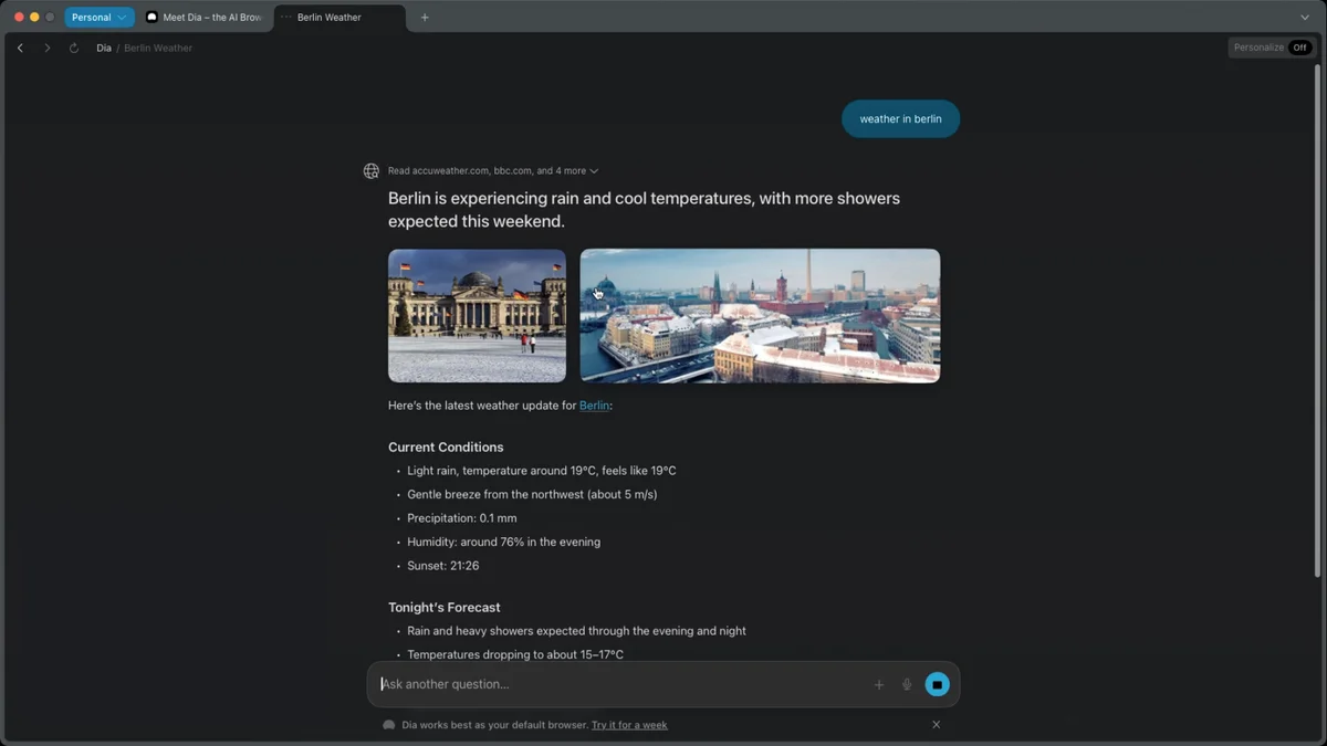 Dia AI browser UI displaying Berlin weather information, current conditions, forecast, and related city images.