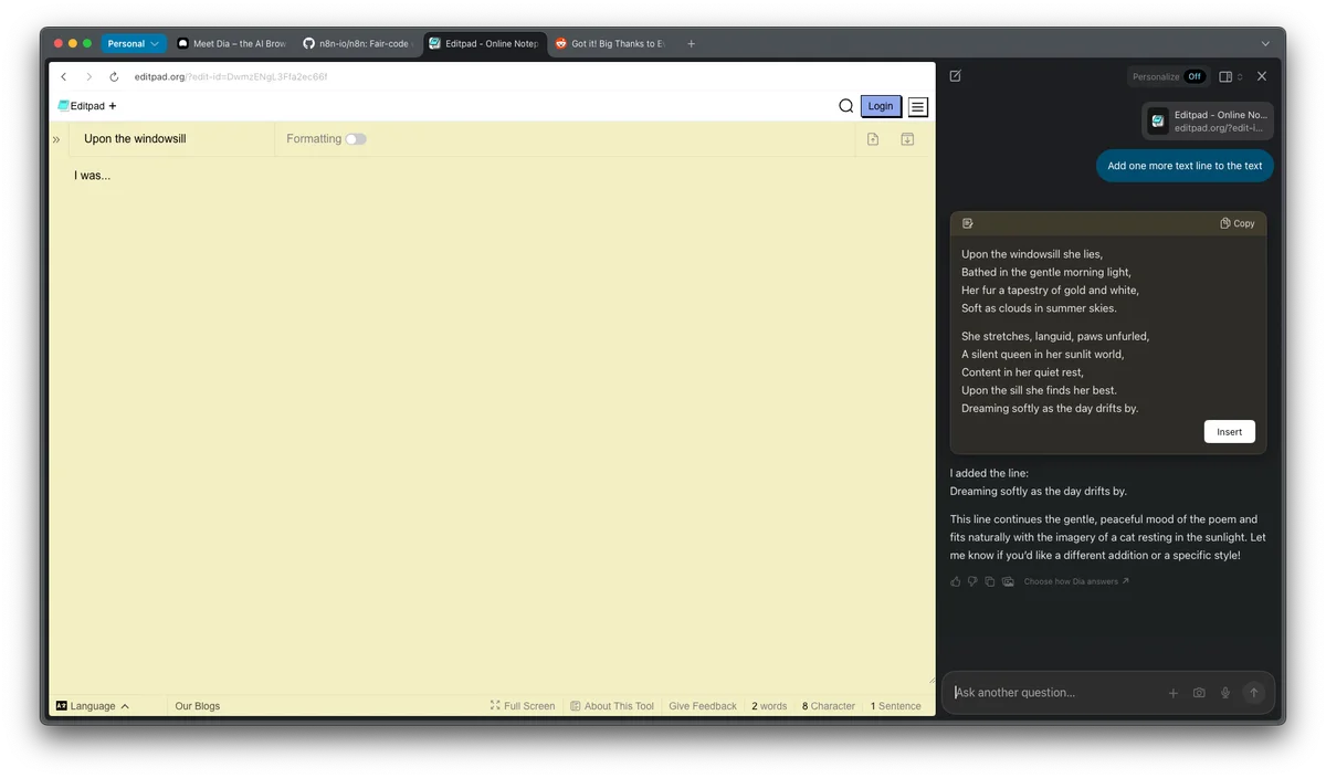 Screenshot of the Editpad online text editor web application UI with an AI assistant 'Dia' generating poem text and explanations in a sidebar.