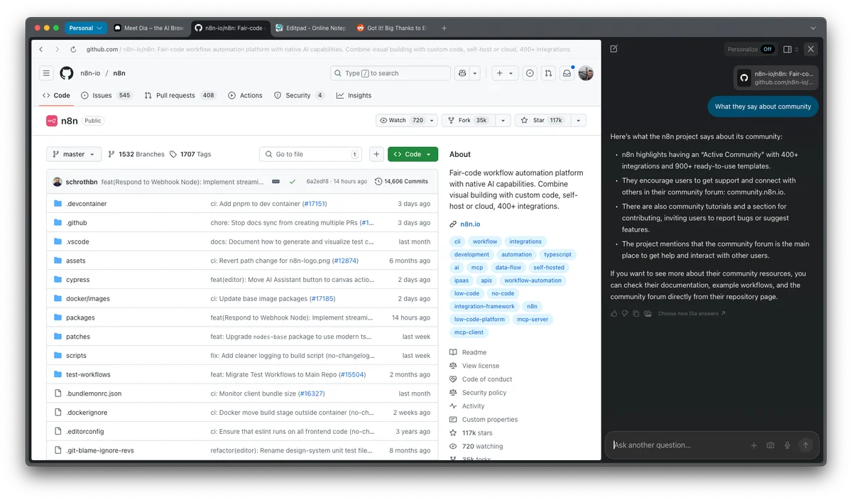 GitHub repository page for n8n workflow automation platform showing file list and about section, alongside an AI chat assistant.