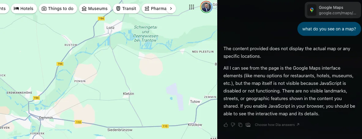 Google Maps desktop interface screenshot displaying a geographical map with roads, towns, UI filters, and a text panel.