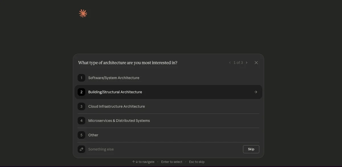 Dark mode UI dialog for an architecture interest survey. User is prompted to select from options, with 'Building/Structural Architecture' highlighted. Step 1 of 3.