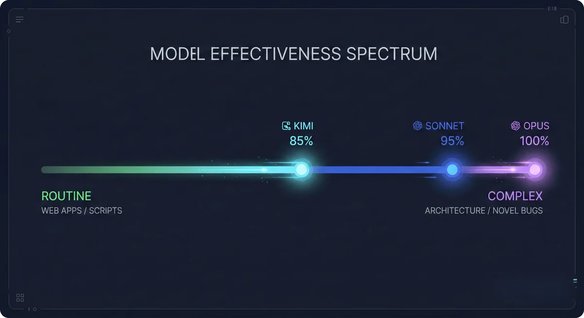 LLM model effectiveness spectrum comparing Kimi (85%), Sonnet (95%), Opus (100%) for routine to complex tasks.