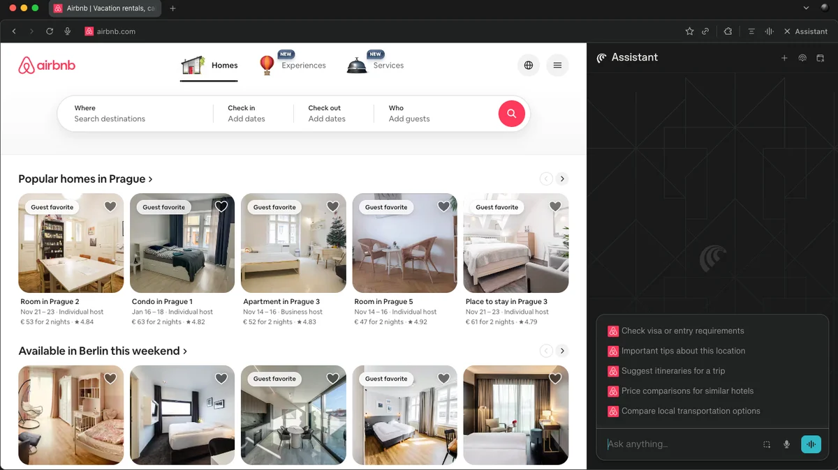 Perplexity Comet browser automating Airbnb search - showing property listings for Prague with AI assistant panel providing travel suggestions and automated form filling in action