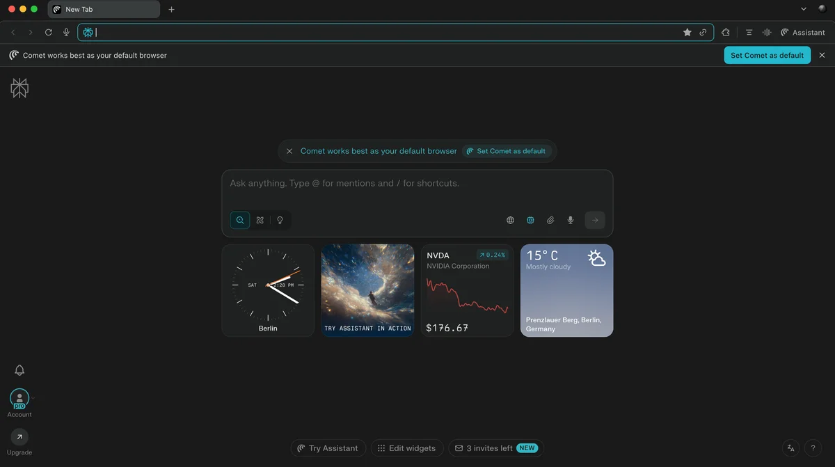 Perplexity Comet browser's dark mode new tab page showing dashboard widgets for clock, stock (NVDA), weather, and AI assistant prompt - the starting point for AI-powered web automation
