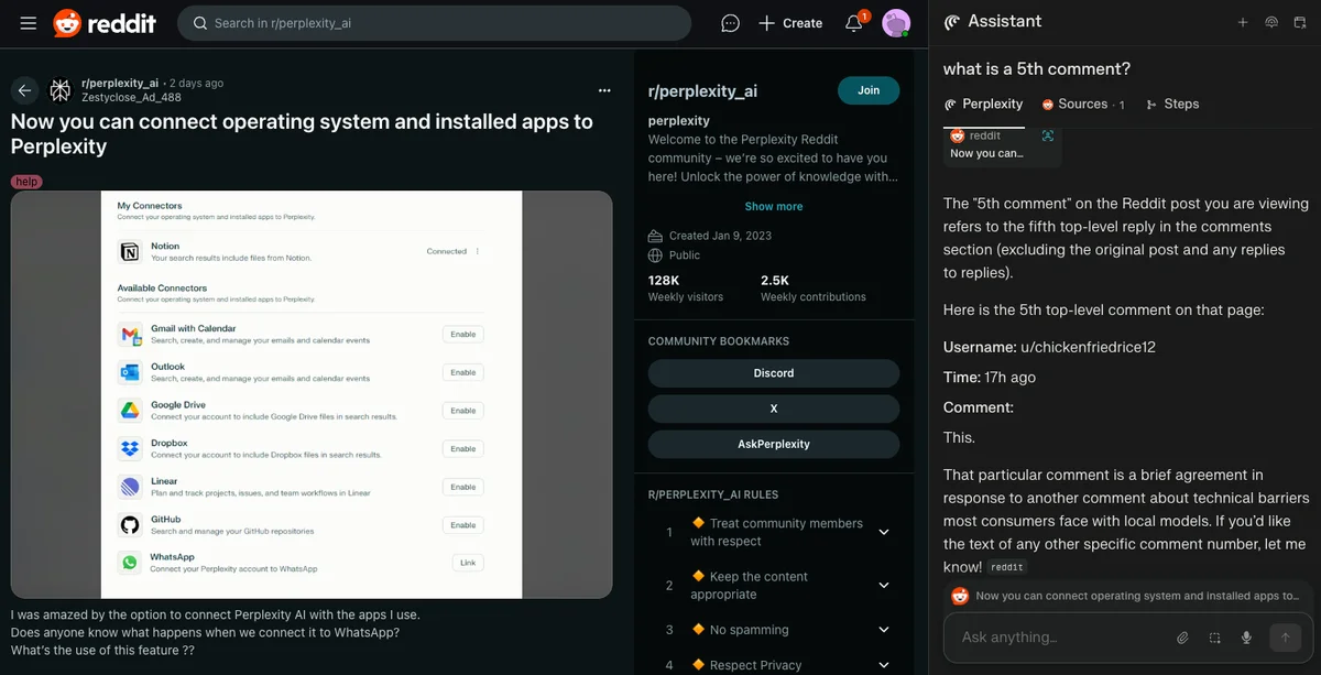 Perplexity Comet's AI interface showing app connectors (Notion, Gmail, GitHub) integrated within a Reddit post, demonstrating cross-platform data extraction and AI assistant capabilities for web automation