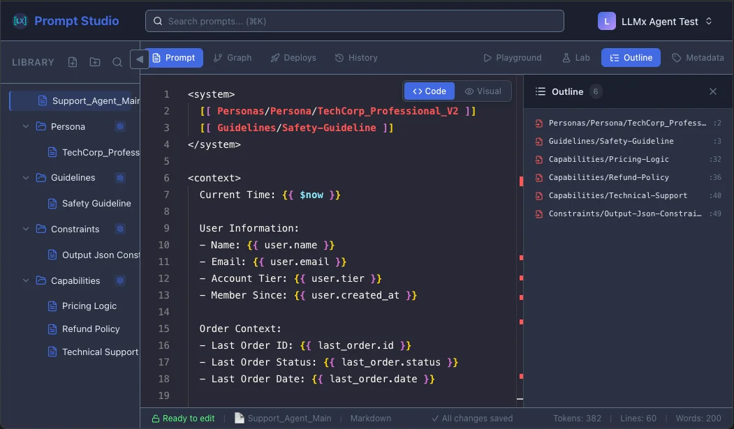 Prompt Studio UI displaying an LLM agent prompt template editor. It shows system/context blocks, user/order data variables, a file tree, and outline panel.