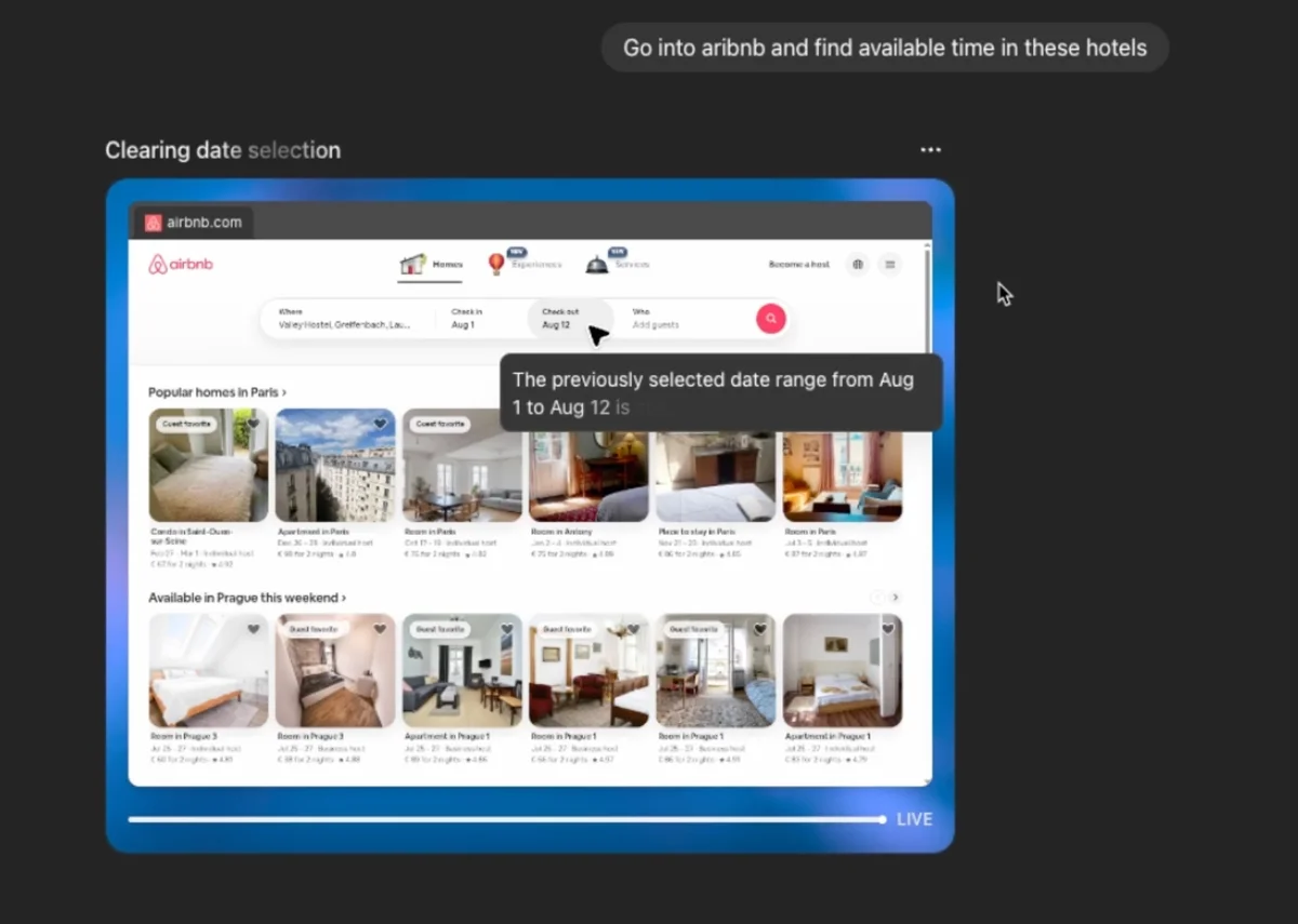 Airbnb web UI screenshot showing selected check-in/out dates (Aug 1 - Aug 12) with a tooltip confirming the date range.