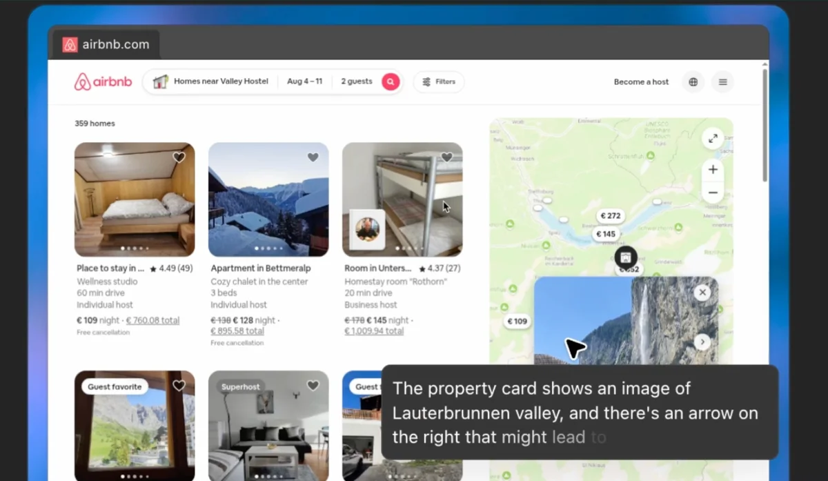 Airbnb web app screenshot displaying search results with property listings, an interactive map, and filters.