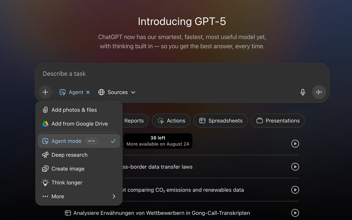 ChatGPT UI screenshot introducing GPT-5. Attachment menu shows 'Agent mode (NEW)', 'Deep research', and 'Create image' options.