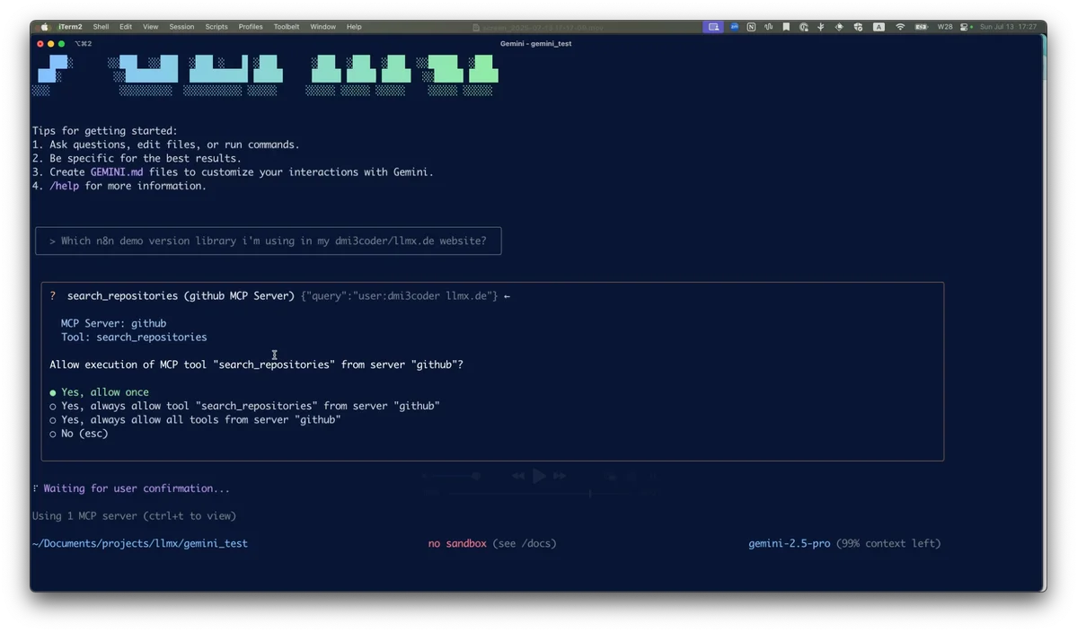 Gemini CLI in iTerm2 prompting to allow GitHub search_repositories tool execution, displaying permission options.